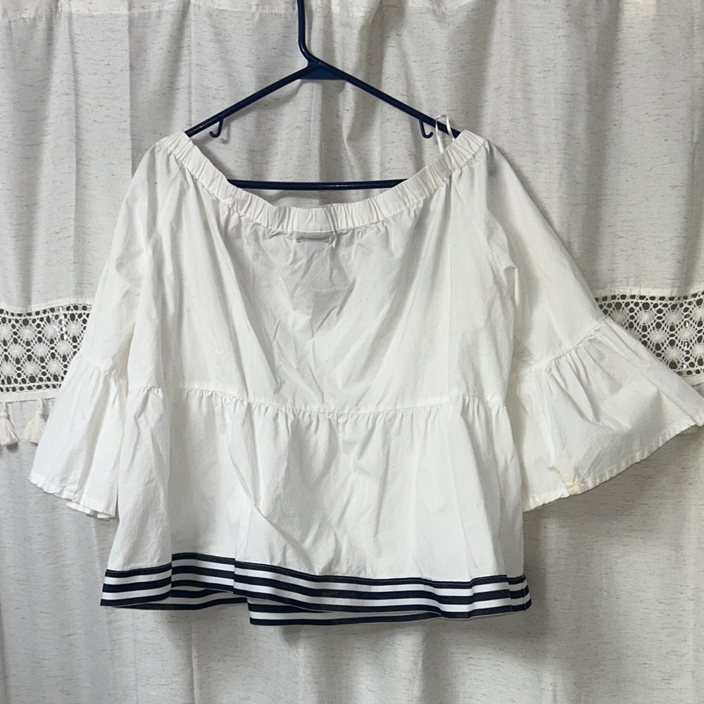 a.n.a White Off-Shoulder Embroidered Peasant Top with Navy Trim - Picture 8 of 9